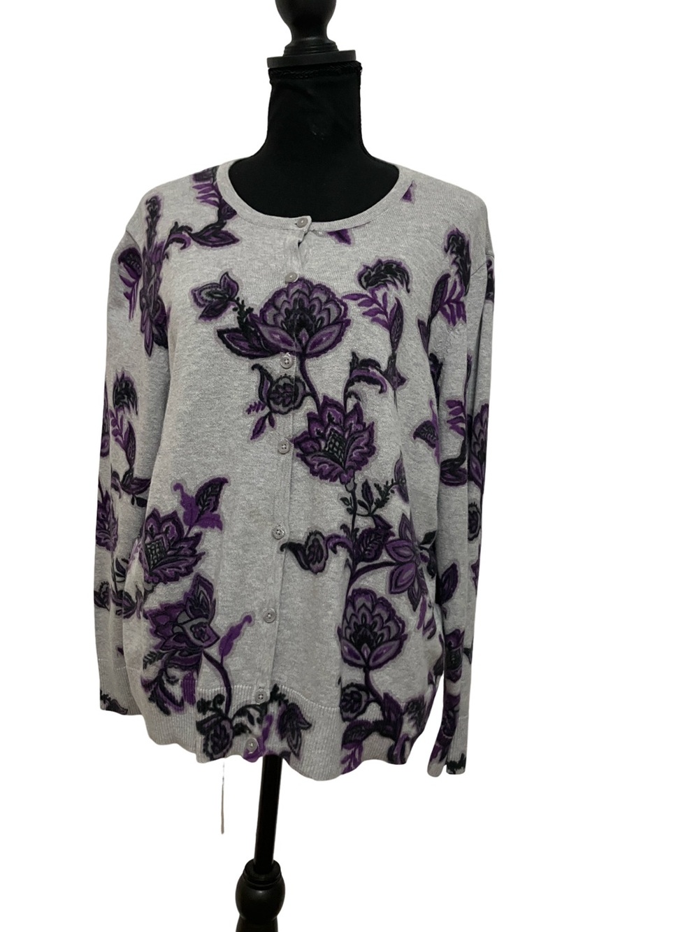 croft & barrow Gray and Purple Floral Button-Front Cardigan